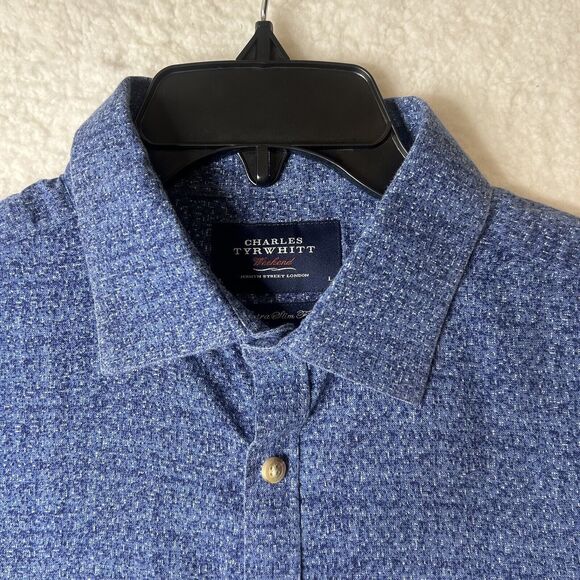 Charles Tyrwhitt L Men’s Weekend Button Up Slim Fit Geometric Blue Casual - Picture 2 of 9